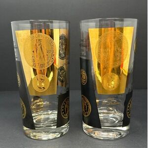 Vintage Cera Gold Coin Highball Glasses Set of 2 MCM Barware US Liberty Currency